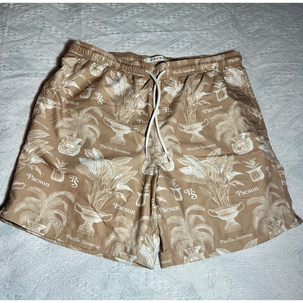 PACSUN Pacific Sun mens swim trunks size M~ Tan, potted plant design
